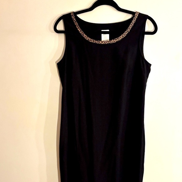 Vintage Dresses & Skirts - Vintage 1980s Black Sheath Dress With Leopard Trim Office Casual Retro Size 10P
